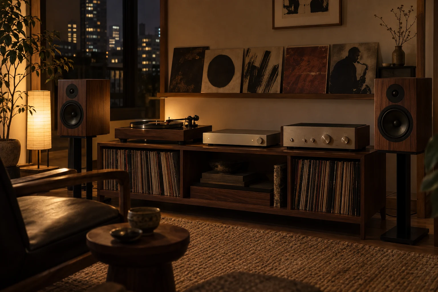 Concept render of Unsampled in an intimate nighttime apartment with a vinyl turntable, analog amplifier and bookshelf speakers.