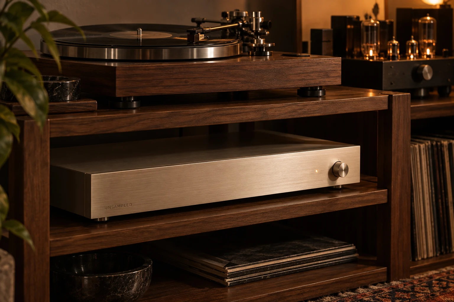 Concept render of a champagne aluminum Unsampled component below a walnut turntable, with a tube amplifier.